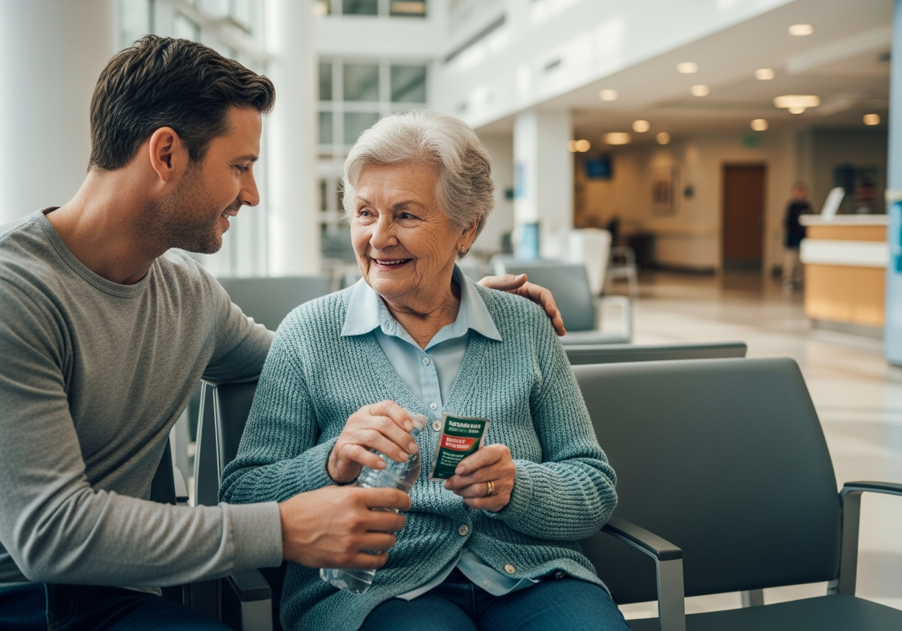 Adult son and elderly mother in hospital waiting room with OTC medication