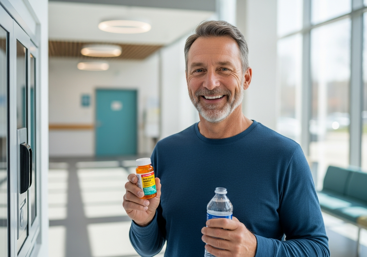 Relieved patient holding OTC medication in hospital lobby