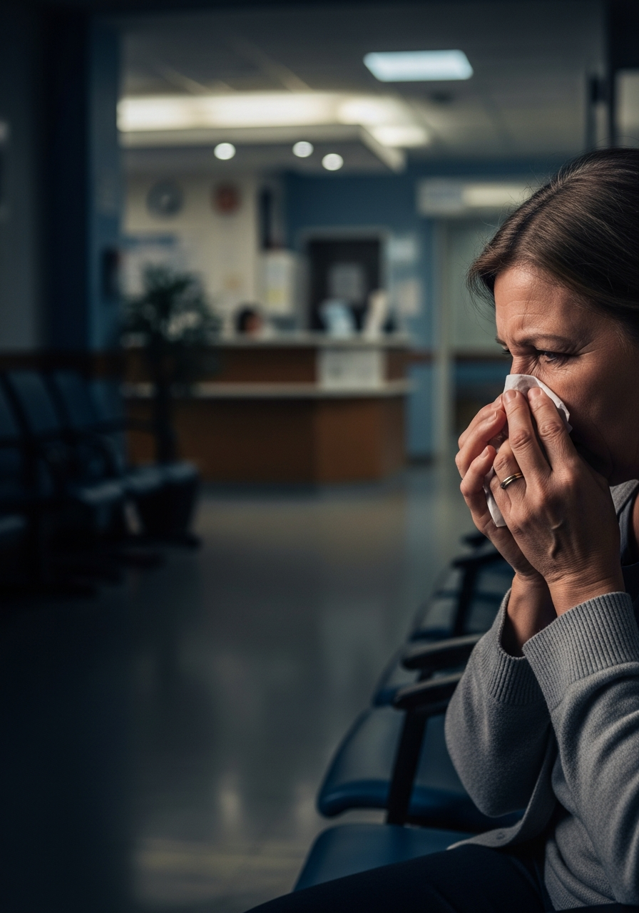 Tired patient in hospital waiting room at night