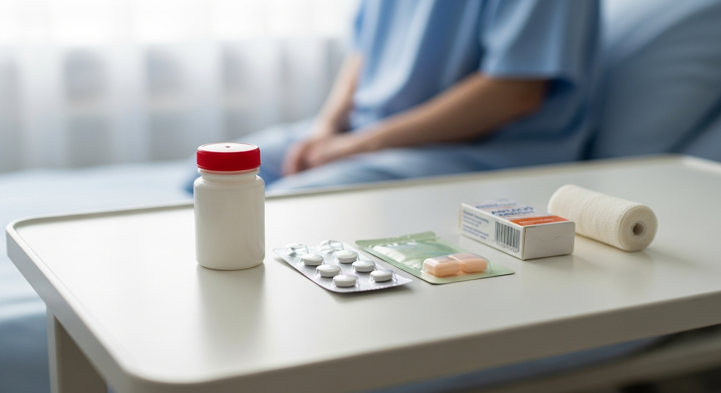 OTC medication products on a hospital bedside table